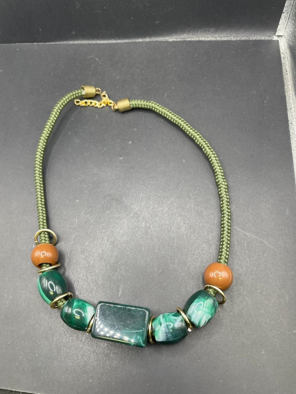 Artisan Handcrafted Green Malachite Brown Beaded Cord Choker Chunky Necklace